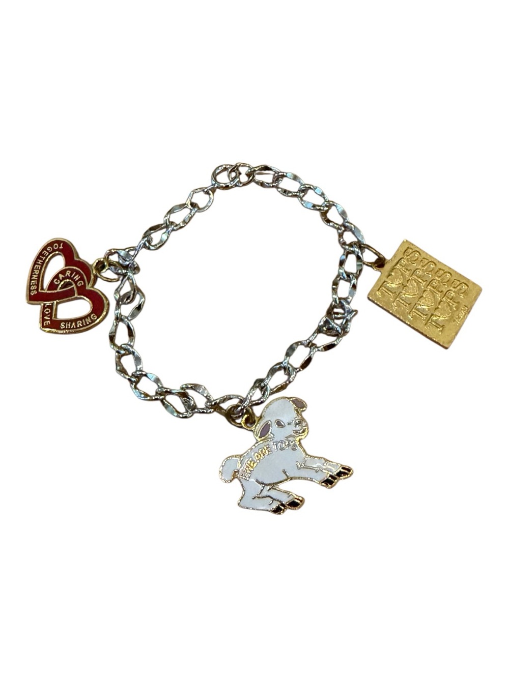 Vintage Tops Silver Charm Bracelet with White Lamb, Red Heart & Gold Square